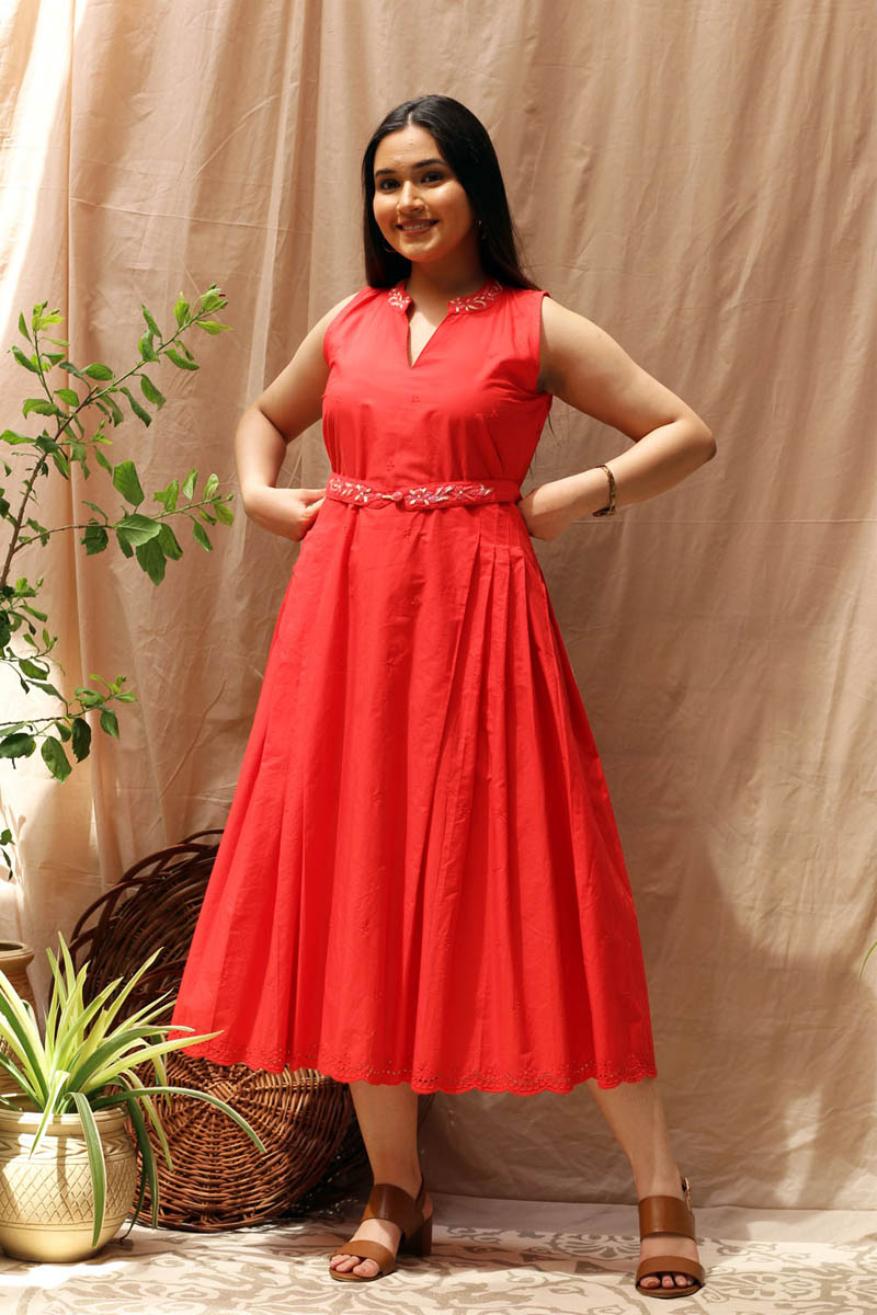 Red colour short store frock