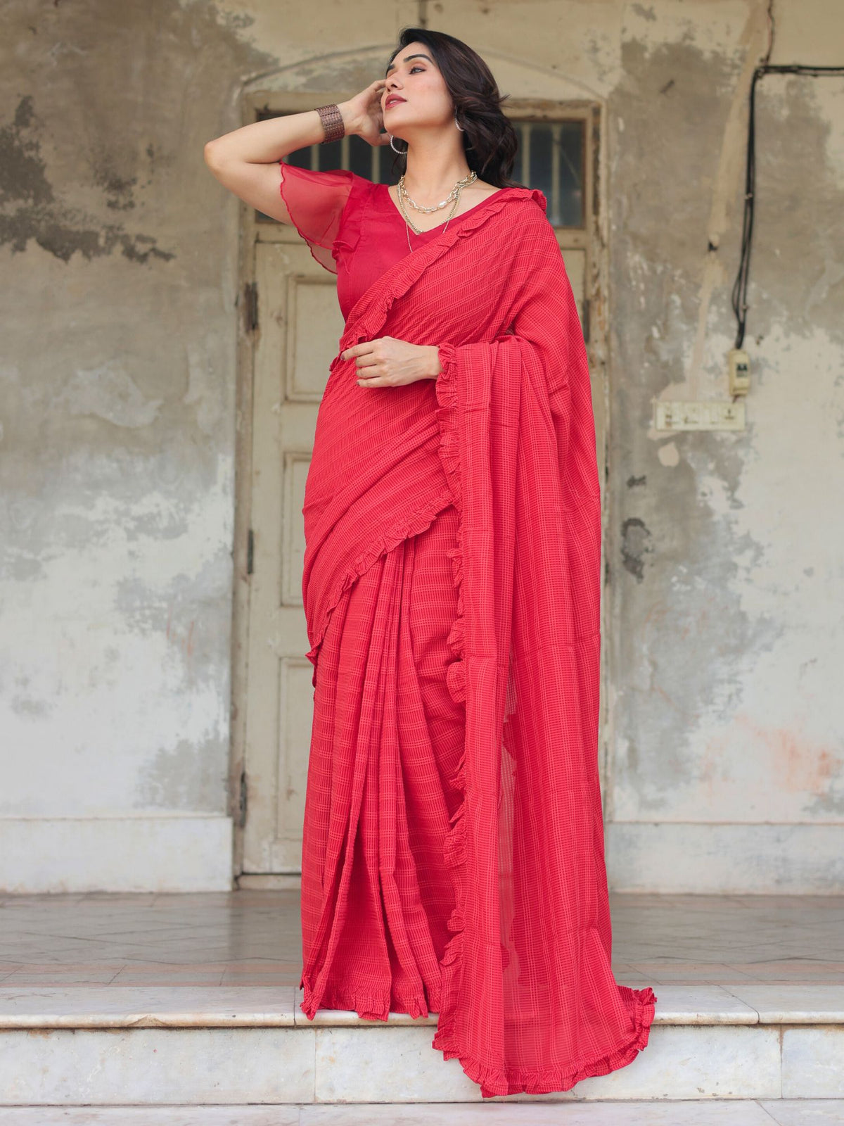 Rosie self textured ruffle saree with blouse