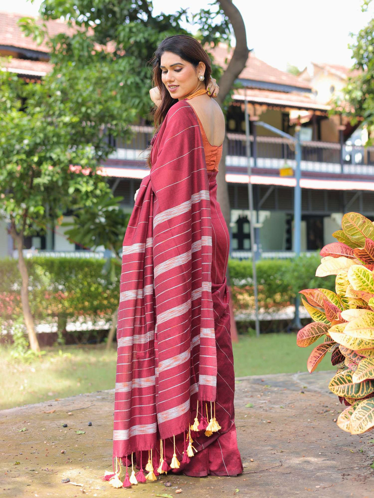 Durga cotton saree with contrast blouse.