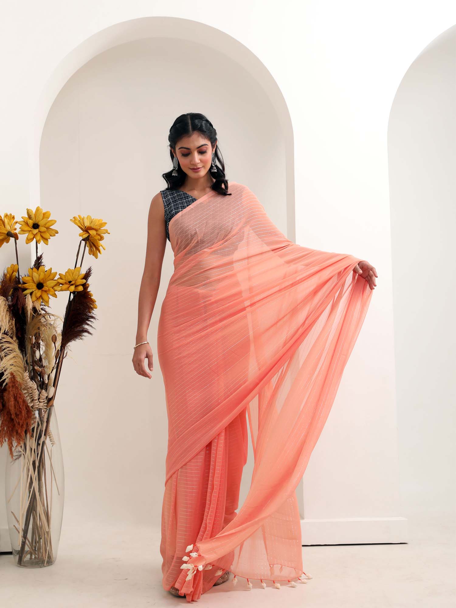 Pink Peach Bandhani Saree in Pure Chiffon – Naina Jain